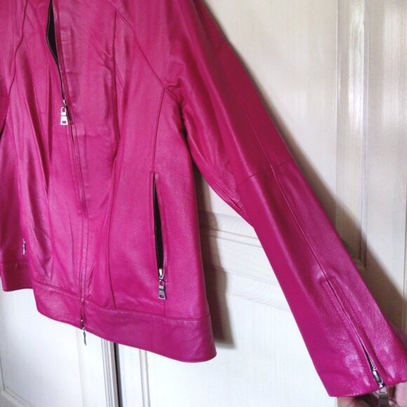 JL Studio Vintage Leather Moto Jacket in Hot Pink w/Matching Gloves, Sz 14W, EUC - Picture 12 of 14